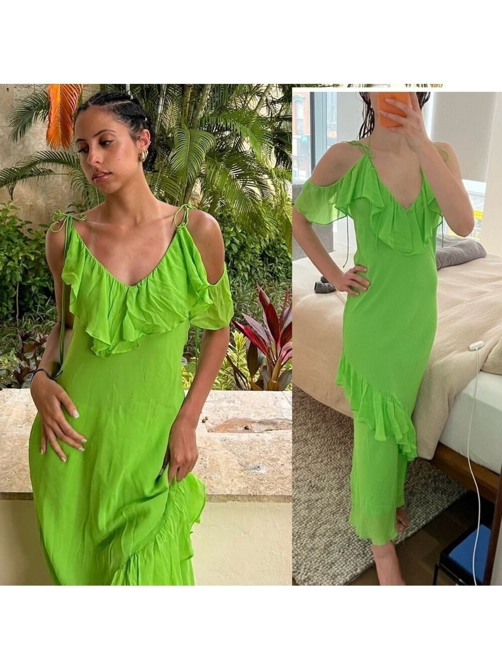 Zara neon fluorescent green ruffle frill off shoulder asymmetrical midi dress M